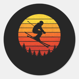 Skisilhouette - Retro-Sonnenuntergang-Skifahrer Runder Aufkleber