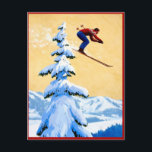 Skisprung in den Bergen Postkarte<br><div class="desc">Vintages Skipposter aus der frühen 20. Jahrhundertwende,  in dem sowohl die Ferienanlage als auch der Transport für die Besucher dieser Orte bekannt gemacht werden.</div>