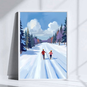 Skispur   Bergskifahren Wasserfarbe Winter Poster