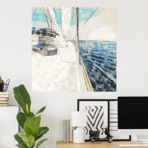 Skizze des Segelschiffes, das durch das Meer surft Poster