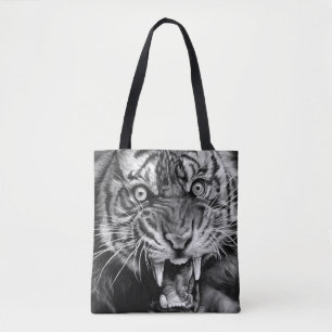 Skizze eines wilden Tigers in Schwarzweiß Tasche