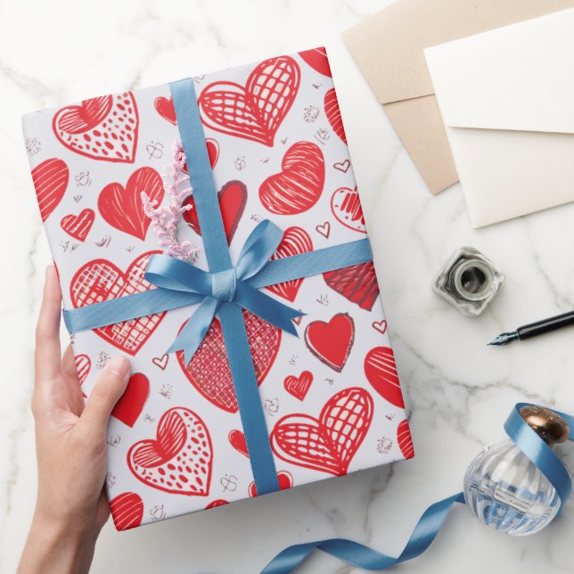 Skizzen des roten Herzens Geschenkpapier (Schenken)