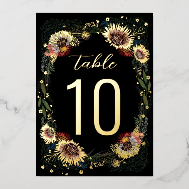 Skizzierte Blume Boho Black Gold Foil Tischnummer (Vorderseite)