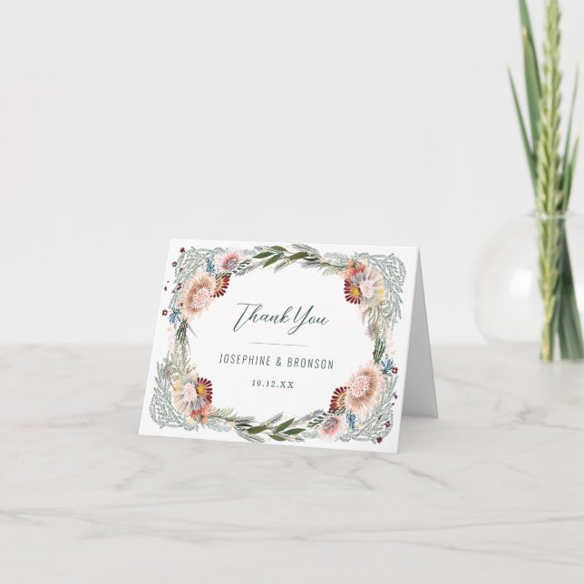 Skizzierte Blume Einzigartige Weiße Hochzeit Dankeskarte (Vorderseite)