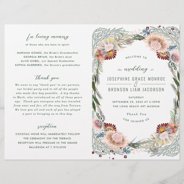 Skizzierte Blume Einzigartiges Boho Hochzeitsprogr (Vorderseite)