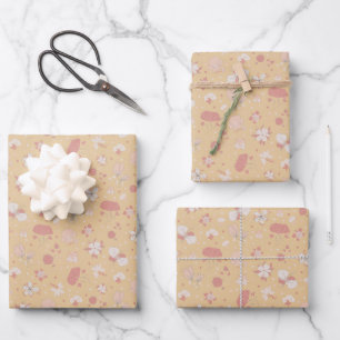 Skizzierte Blumen auf Hellorange Geschenkpapier Set