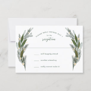Skizzierte Blumen Blätter Grün Weiß Hochzeit RSVP Karte