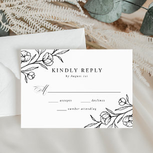Skizzierte florale schwarze und weiße Hochzeit RSVP Karte