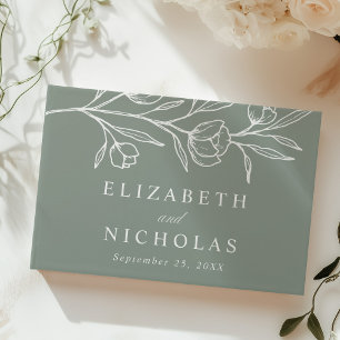 Skizzierte Hellgrüne Blumige Foto-Hochzeit Gästebuch