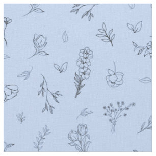 Skizzierte Wildblumen auf Hellblau Stoff