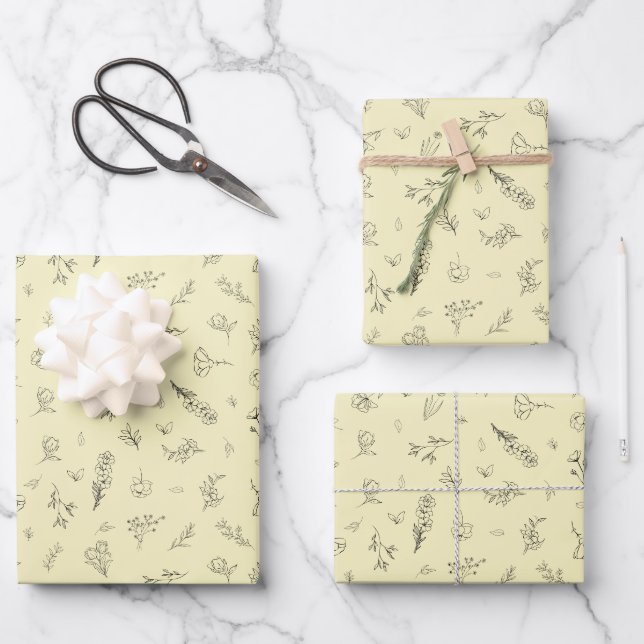 Skizzierte Wildblumen auf Hellgelb Geschenkpapier Set (Vorderseite)