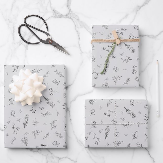 Skizzierte Wildblumen auf Hellgrau Geschenkpapier Set (Vorderseite)