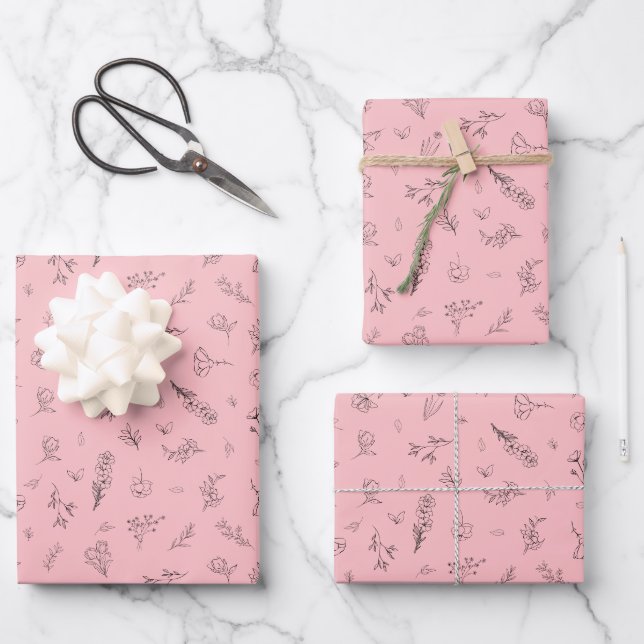 Skizzierte Wildblumen auf Hellrosa Geschenkpapier Set (Vorderseite)