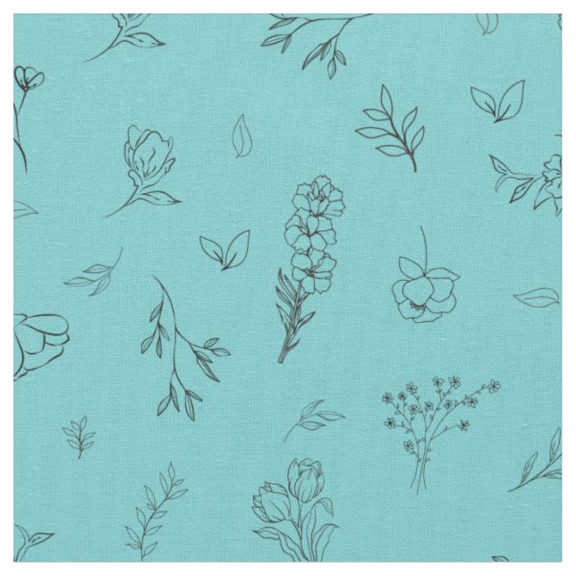 Skizzierte Wildblumen auf Hellteal Stoff (Nahaufnahme)