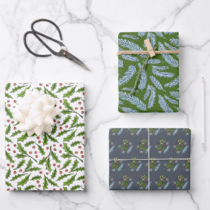 Skizzierte Winterzweige Holly und Spruce Muster Geschenkpapier Set