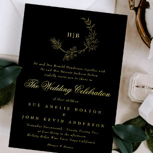 Skizzierter goldener Blumenkranz Monogramm Onyx Ho Folieneinladung