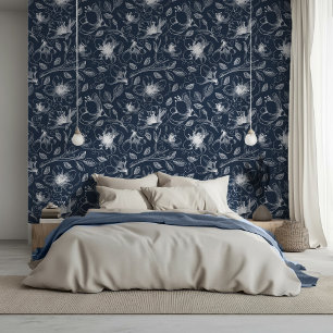 Skizziertes Blumenumrissmuster Wht/Navy ID939 Tapete