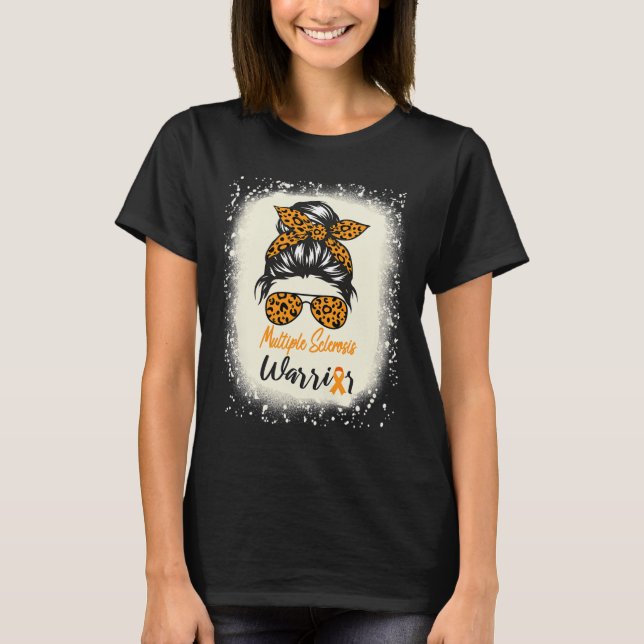 Sklerosis Awareness Frau Warrior Messy Bun Leopard T-Shirt (Vorderseite)