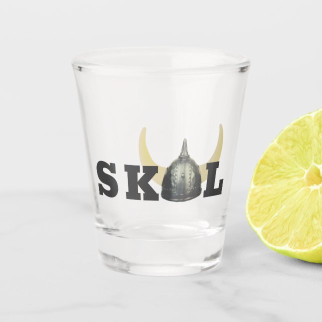 Skol und gehörnter Sturzhelm Schnapsglas (Vorderseite)