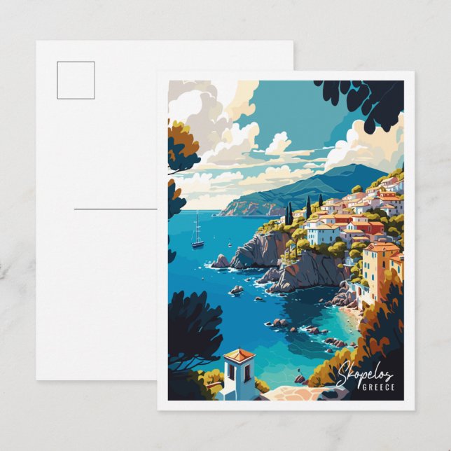 Skopelos Griechenland Vintage-Illustration Postkarte (Vorne/Hinten)