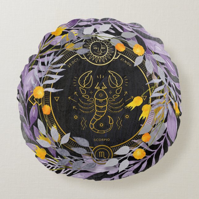 Skorpio Blumenreath mit Zodiac-Symbol Rundes Kissen (Vorderseite)