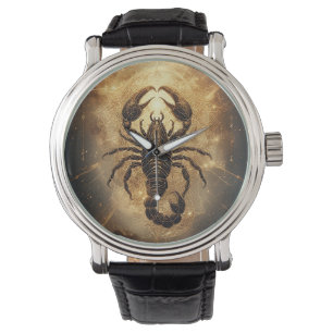 Skorpion über ein detailliertes Golden Astral Mand Armbanduhr