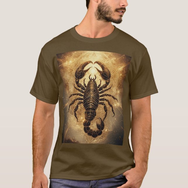 Skorpion über ein detailliertes Golden Astral Mand T-Shirt (Vorderseite)