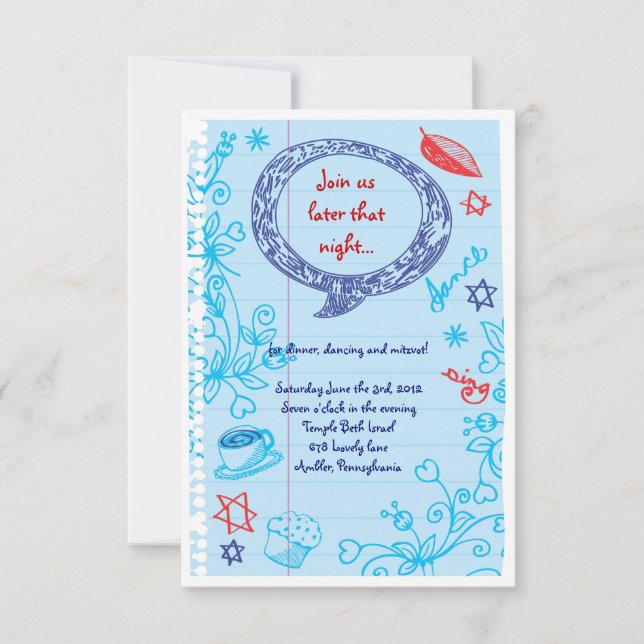 SKRIBBLES auf der NOTEPAPIERBAT-Bat Mitzvah-Party- Einladung (Vorderseite)