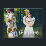 Skript 4 Foto ändern Datum Neu Datum Postkarte<br><div class="desc">Moderne Pinselschrift ändert das Datum Hochzeit verschoben Neuen Hochzeitstag Paar 4 Foto Collage Postkarte</div>
