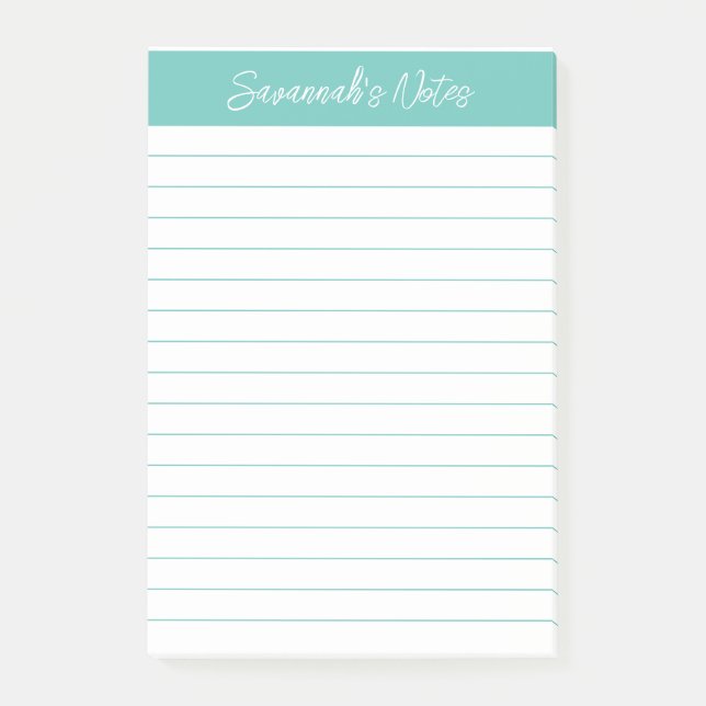 Skript Elegant Aqua Lined Personalisiert Post-it Klebezettel (Vorderseite)