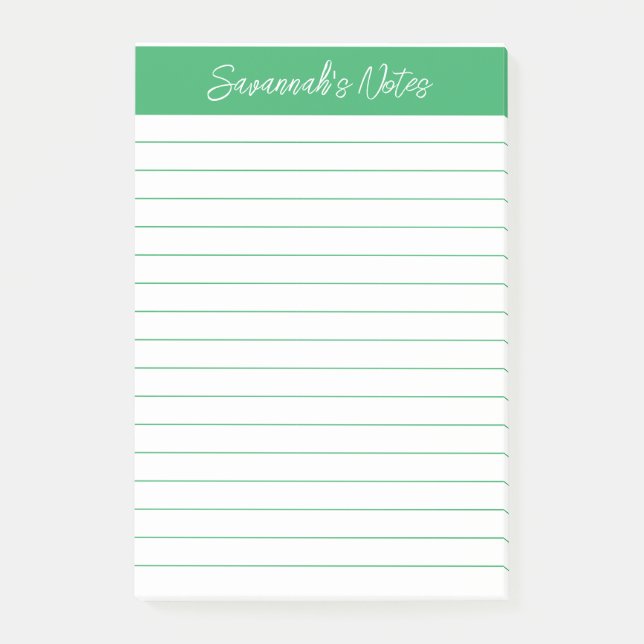 Skript Elegant Grün Liniiert Personalisiert Post-it Klebezettel (Vorderseite)