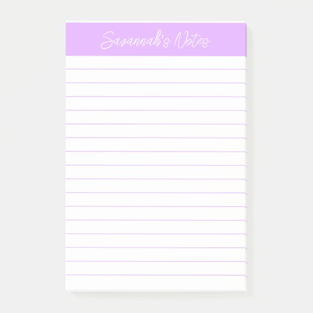 Skript Elegant Helllila Lined Personalisiert Post-it Klebezettel (Vorderseite)
