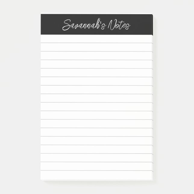 Skript Elegant Schwarz Grau Liniert Personalisiert Post-it Klebezettel (Vorderseite)