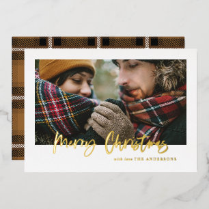 Skript Frohe Weihnachten Senf-Tartan-Foto Folien Feiertagskarte