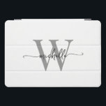 Skript für die Personalisierte Monogrammbezeichnun iPad Pro Cover<br><div class="desc">Girly Elegant Weiß und Gray einfache Minimal Monogram Initial Name Script Custom Personalisiert iPad Cover. Diese Design mit Ihrem Vornamen in einem hübschen handgeschriebenen Stil Swash Schwanz Schriftart Typografie (oder Kalligrafie) mit Monogramm initiale in grau und schwarz auf weißem Hintergrund. Diese lassen sich einfach anpassen. Große stilvolle weibliche Geschenke zum...</div>