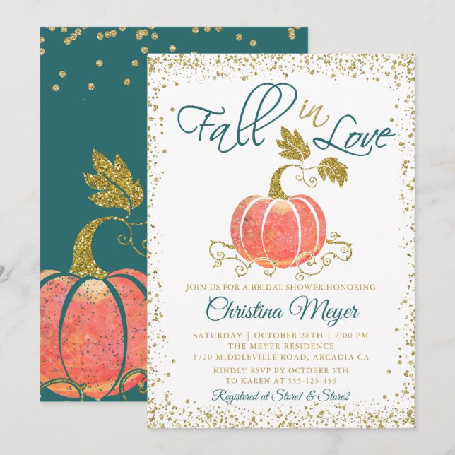 Skript-Glitzer Pumpkin Fall in Liebe Brautparty Einladung (Vorne/Hinten)