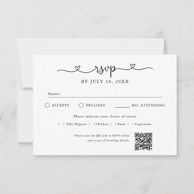 Skript Herz QR Code Foto Off White RSVP Karte (Vorderseite)