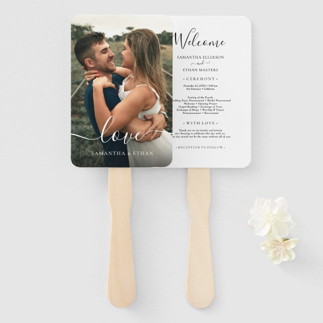 Skript-Liebe Foto Hochzeitsprogramm Handfan Fächer (Vorne und Hinten)
