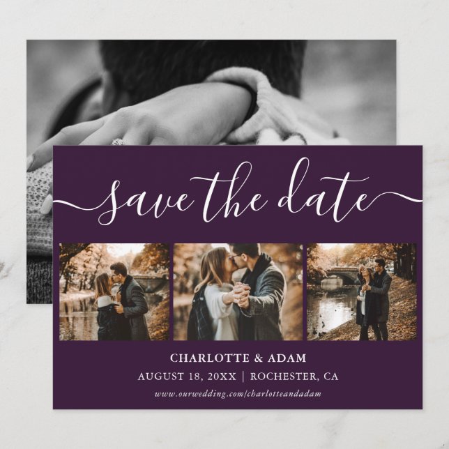 Skript Lila Hochzeitungs-Foto Speichern Sie die Da Save The Date (Vorne/Hinten)