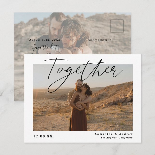 Skript mit zwei Fotos Save the Date Postkarte (Vorne/Hinten)