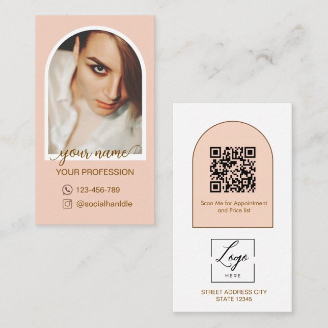 Skript Moderne Bogen Rosa Foto QR-Code-Logo Visitenkarte (Vorne/Hinten)