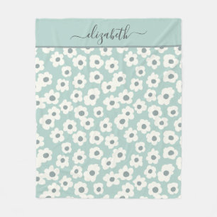 Skript Monogram Boho Grün Weiß Grau Floral  Fleecedecke