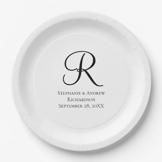 Skript-Monogramm Schwarz Weiß Elegante Hochzeit Pappteller (Vorderseite)