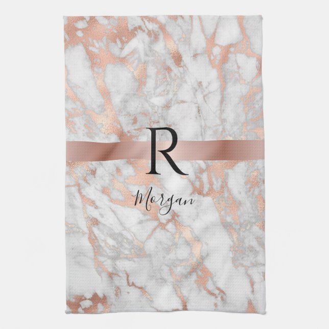 Skript Name/Blk Monogramm, Weiß & Roségold Marmor Geschirrtuch (Vertikal)