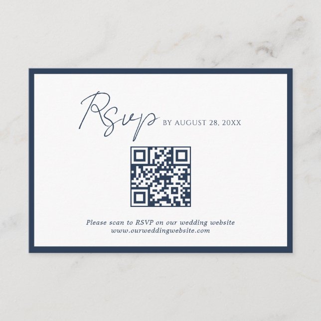 Skript Navy Blau Rahmen QR-Code Hochzeit RSVP Begleitkarte (Vorderseite)