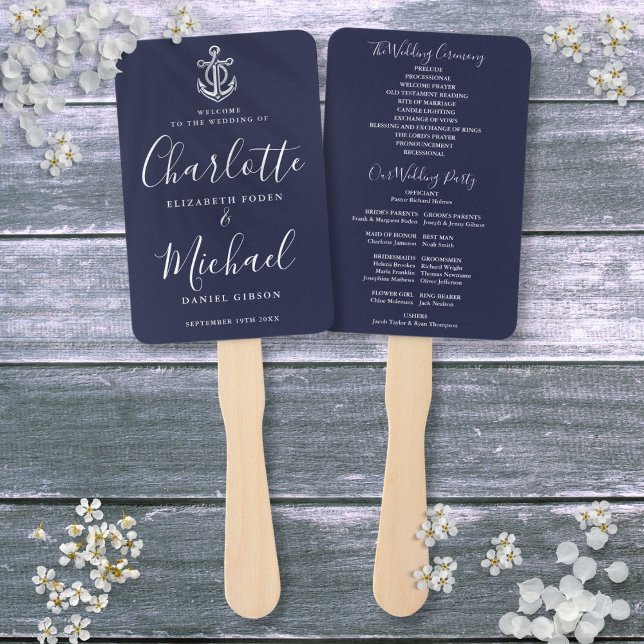 Skript Navy Blue Anchor Nautical Wedding Programm Fächer (Script Navy Blue Anchor Nautical Wedding Program Hand Fan)