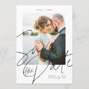 Skript Schwarz-weiß Save the Date Fotokarte Einladung