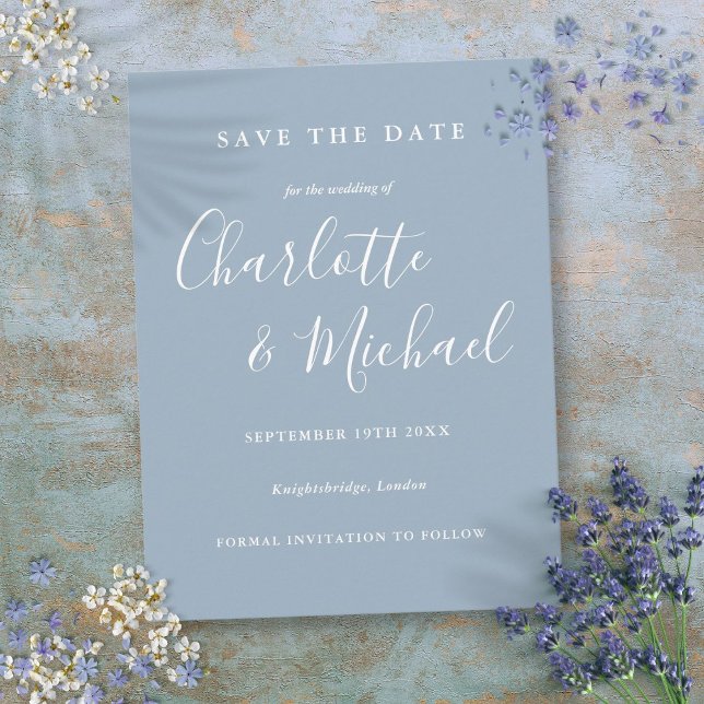 Skript-Staubblau-Hochzeit-Save-the-Date-Karte Postkarte (Script Dusty Blue Wedding Save the Date Card)