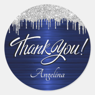 Skript Vielen Dank, Geburtstag Silver Glitzer Blue Runder Aufkleber