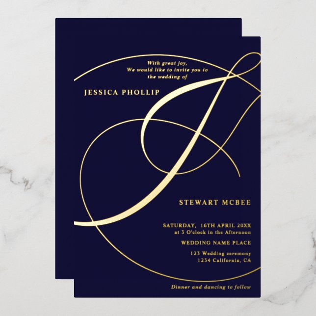 Skriptampersand Kalligraphie Hochzeit Gold Folieneinladung (Vorderseite/Rückseite)